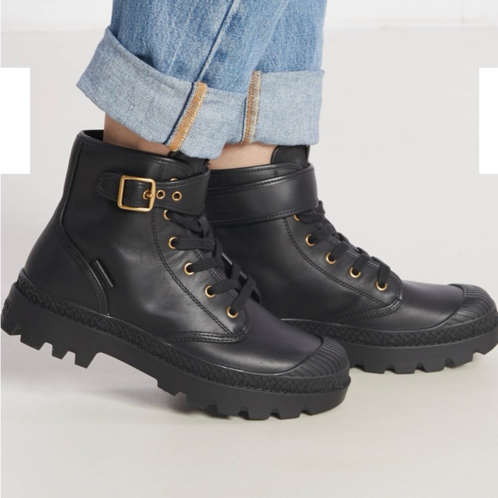 Coach Black Combat Boots with Rugged Sole and Lace-Up Design